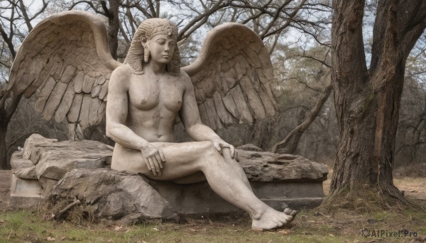 1girl,solo,long hair,breasts,navel,jewelry,medium breasts,sitting,nipples,full body,nude,outdoors,wings,barefoot,feet,tree,completely nude,toes,halo,ring,nature,feathered wings,forest,angel wings,realistic,angel,hand on own knee,statue,fine art parody,spread wings,blonde hair,1boy,closed mouth,closed eyes,male focus,day,stomach,muscular,abs,grass,pectorals,muscular male,toned,toned male,bare tree,faux traditional media