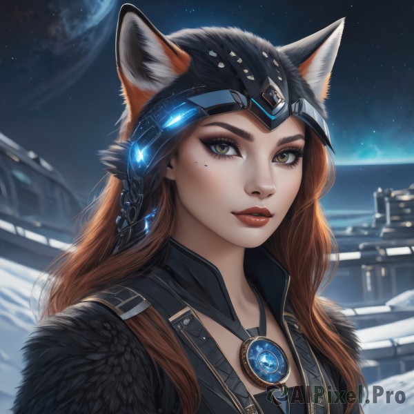 1girl,solo,long hair,looking at viewer,brown hair,animal ears,brown eyes,jewelry,yellow eyes,upper body,outdoors,parted lips,sky,artist name,cat ears,necklace,mole,lips,fur trim,eyelashes,mole under eye,makeup,night,lipstick,gem,star (sky),snow,eyeshadow,starry sky,freckles,nose,red lips,space,planet,earth (planet),signature,thick eyebrows,portrait,headpiece