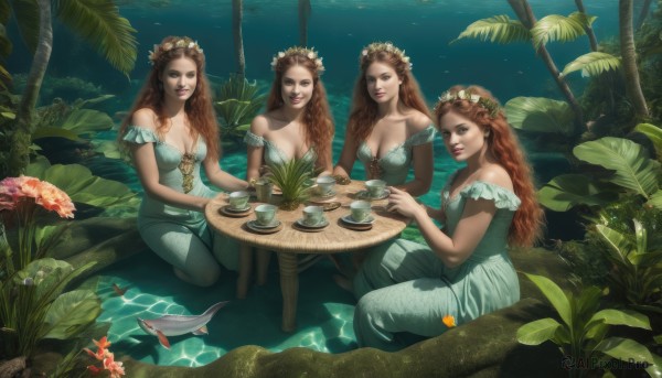 long hair,breasts,looking at viewer,smile,multiple girls,brown hair,hair ornament,dress,holding,cleavage,bare shoulders,brown eyes,jewelry,medium breasts,sitting,collarbone,braid,flower,outdoors,barefoot,hair flower,water,off shoulder,tree,cup,lips,strapless,4girls,blue dress,bird,leaf,table,plant,monster girl,nature,holding cup,plate,fish,teacup,green dress,off-shoulder dress,teapot,head wreath,tea,mermaid,saucer,lily pad,sky,artist name,makeup,night,lipstick,night sky,seiza,underwater,palm tree