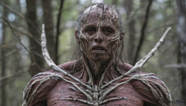 solo,looking at viewer,1boy,closed mouth,upper body,white hair,male focus,blurry,black eyes,muscular,blurry background,portrait,veins,realistic,silk,spider web,depth of field,nature