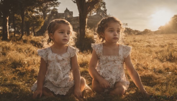 short hair,multiple girls,brown hair,dress,2girls,brown eyes,sitting,short sleeves,outdoors,sky,white dress,tree,siblings,grass,sisters,building,child,nature,scenery,twins,realistic,female child,field,castle,parted lips,day,sunlight,aged down,mother and daughter