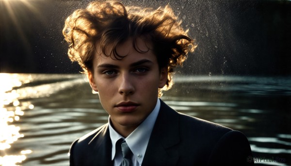 HQ,solo,looking at viewer,short hair,blue eyes,blonde hair,brown hair,shirt,1boy,closed mouth,jacket,white shirt,upper body,male focus,necktie,collared shirt,dark skin,blurry,lips,black jacket,formal,sunlight,suit,portrait,black necktie,freckles,curly hair,realistic,nose,afro,bangs,water,blurry background,light particles,backlighting,light,black suit