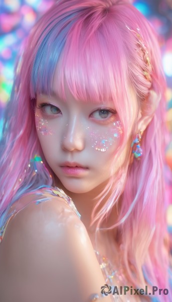 1girl,solo,long hair,looking at viewer,bangs,bare shoulders,jewelry,closed mouth,blue hair,upper body,pink hair,multicolored hair,earrings,necklace,blurry,black eyes,lips,streaked hair,grey eyes,eyelashes,makeup,depth of field,blurry background,gem,portrait,realistic,nose,blue eyes,hair ornament,artist name,blunt bangs,two-tone hair,watermark,expressionless,close-up,pink lips,mascara