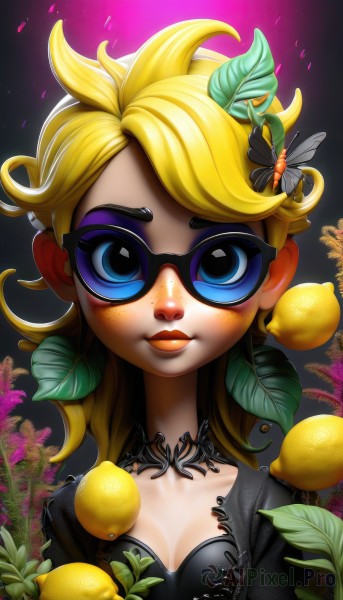 1girl,solo,long hair,breasts,looking at viewer,smile,blue eyes,blonde hair,hair ornament,dress,cleavage,closed mouth,upper body,flower,small breasts,food,glasses,black dress,lips,eyelashes,makeup,fruit,leaf,bug,lipstick,butterfly,eyeshadow,freckles,nose,mascara,lemon,medium breasts,leaf on head