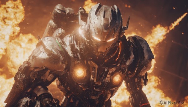 solo,1boy,upper body,weapon,armor,gun,military,no humans,glowing,helmet,robot,mecha,lens flare,smoke,science fiction,realistic,explosion,damaged,power armor,fire,glowing eyes,aircraft,military vehicle,battle