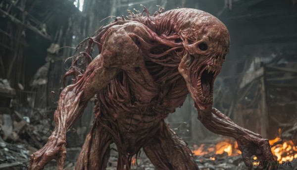 solo,open mouth,standing,teeth,tongue,blurry,no humans,blurry background,fire,sharp teeth,claws,1other,veins,monster,ruins,extra eyes,alien,horror (theme),outdoors,glowing,building,skull,debris,destruction