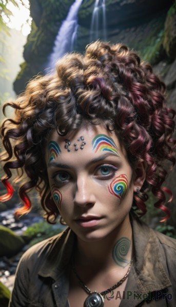 1girl,solo,looking at viewer,short hair,blue eyes,blonde hair,brown hair,shirt,hair ornament,jewelry,closed mouth,upper body,red hair,multicolored hair,earrings,outdoors,parted lips,day,artist name,signature,necklace,blurry,two-tone hair,lips,eyelashes,tattoo,makeup,depth of field,blurry background,wavy hair,facial mark,expressionless,piercing,sunlight,lipstick,gem,portrait,pendant,eyeshadow,curly hair,multicolored eyes,realistic,nose,fantasy,facepaint,mascara,jacket,water,waterfall,tribal