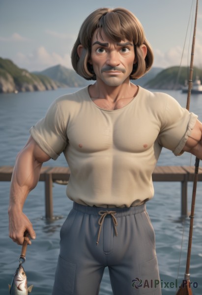 solo,looking at viewer,short hair,bangs,brown hair,shirt,1boy,holding,brown eyes,closed mouth,nipples,standing,collarbone,white shirt,short sleeves,male focus,cowboy shot,outdoors,sky,day,pants,water,blurry,covered nipples,muscular,blurry background,facial hair,ocean,animal,thick eyebrows,pectorals,muscular male,t-shirt,bara,beard,fish,large pectorals,realistic,mustache,blue pants,manly,grey pants,holding animal,old,chest hair,old man,river,lake,fishing rod,arm hair,fishing,holding fishing rod,blue eyes,teeth,artist name,lips,see-through,depth of field,veins,mountain,nose,veiny arms