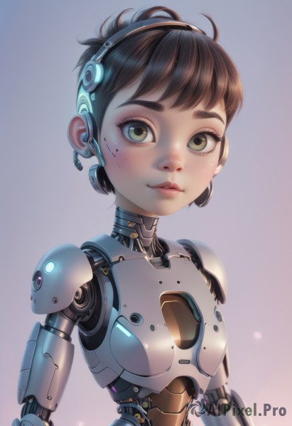 1girl,solo,looking at viewer,short hair,simple background,brown hair,brown eyes,closed mouth,green eyes,upper body,grey background,lips,eyelashes,makeup,robot,freckles,science fiction,android,joints,mechanical arms,cyborg,robot joints,mechanical parts,bangs,jewelry,earrings,parted lips,gradient,gradient background,glowing,eyeshadow,backlighting,nose,cyberpunk