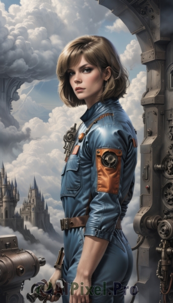 1girl,solo,looking at viewer,short hair,blue eyes,blonde hair,brown hair,gloves,standing,jacket,ass,cowboy shot,outdoors,parted lips,sky,day,belt,pants,cloud,signature,from side,blue sky,lips,cloudy sky,denim,blue jacket,building,armband,freckles,science fiction,realistic,nose,mechanical arms,leather,cyborg,dirty,single mechanical arm,tower,denim jacket,holding,brown eyes,jewelry,weapon,earrings,uniform,gun,jeans,castle,jumpsuit,wrench,steampunk,walkie-talkie