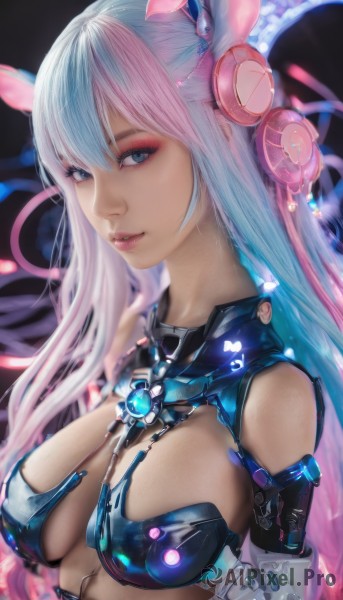 1girl,solo,long hair,breasts,looking at viewer,bangs,blue eyes,large breasts,animal ears,cleavage,medium breasts,blue hair,upper body,pink hair,white hair,multicolored hair,parted lips,two-tone hair,lips,eyelashes,makeup,headgear,lipstick,eyeshadow,science fiction,realistic,android,eyeliner,mechanical ears,hair ornament,bare shoulders,grey eyes,glowing,nose