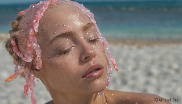 1girl,solo,brown hair,closed eyes,outdoors,parted lips,teeth,day,dark skin,water,blurry,dark-skinned female,lips,wet,eyelashes,depth of field,blurry background,ocean,beach,portrait,facing viewer,realistic,nose,very dark skin,dreadlocks,sweat,close-up