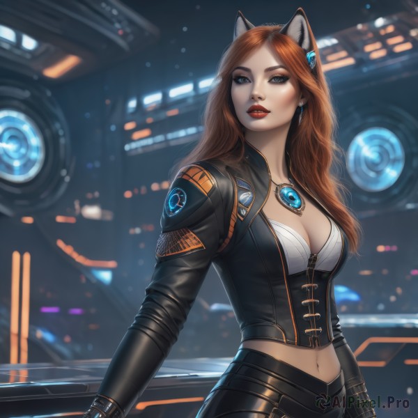 1girl,solo,long hair,breasts,looking at viewer,blue eyes,large breasts,brown hair,hair ornament,gloves,navel,animal ears,cleavage,jewelry,medium breasts,weapon,earrings,parted lips,midriff,cat ears,necklace,orange hair,blurry,lips,fox ears,makeup,blurry background,lipstick,pendant,science fiction,realistic,red lips,leather,bustier,bangs,long sleeves,red hair,artist name,armor,parted bangs,grey eyes,fake animal ears,corset,freckles