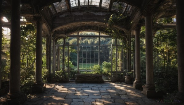 outdoors,day,indoors,tree,dutch angle,no humans,window,sunlight,plant,nature,scenery,forest,light rays,stairs,potted plant,architecture,ruins,pillar,arch,moss,overgrown,column,bush