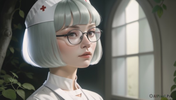 1girl,solo,looking at viewer,short hair,bangs,hat,brown eyes,white hair,grey hair,parted lips,glasses,indoors,blunt bangs,blurry,lips,window,blurry background,leaf,bob cut,plant,portrait,realistic,nose,nurse cap,round eyewear,nurse,eyelashes,white headwear,sunlight,cross,black-framed eyewear