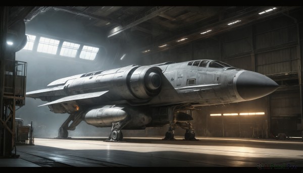 HQ,indoors,signature,military,no humans,window,robot,scenery,science fiction,realistic,aircraft,military vehicle,airplane,vehicle focus,spacecraft,hallway,lights,jet,fighter jet,letterboxed,mecha,cockpit