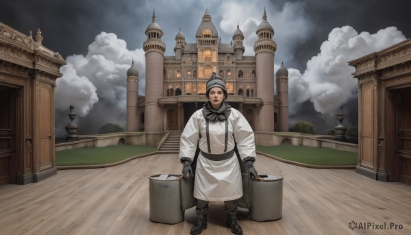 1girl,solo,looking at viewer,gloves,long sleeves,1boy,hat,holding,brown eyes,standing,full body,male focus,boots,outdoors,sky,shoes,black gloves,pants,cloud,black footwear,black eyes,apron,facial hair,cloudy sky,building,scenery,bucket,architecture,house,castle,tower,church,chef,holding bucket,short hair,brown hair,black hair