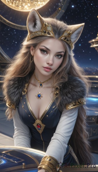 1girl,solo,long hair,breasts,looking at viewer,blonde hair,brown hair,long sleeves,dress,animal ears,cleavage,brown eyes,jewelry,medium breasts,very long hair,collarbone,upper body,earrings,parted lips,sky,artist name,cat ears,necklace,armor,lips,grey eyes,fur trim,fox ears,eyelashes,night,wavy hair,moon,tiara,crown,gem,star (sky),night sky,pendant,starry sky,gold trim,shield,hoop earrings,realistic,nose,space,planet,constellation,closed mouth,animal ear fluff,book,makeup,wolf ears,forehead