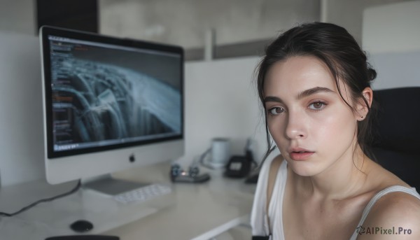 1girl,solo,looking at viewer,short hair,shirt,black hair,brown eyes,collarbone,upper body,parted lips,indoors,blurry,lips,blurry background,chair,tank top,realistic,computer,television,monitor,white tank top,keyboard (computer),brown hair,teeth,depth of field,portrait,forehead,nose,photo background