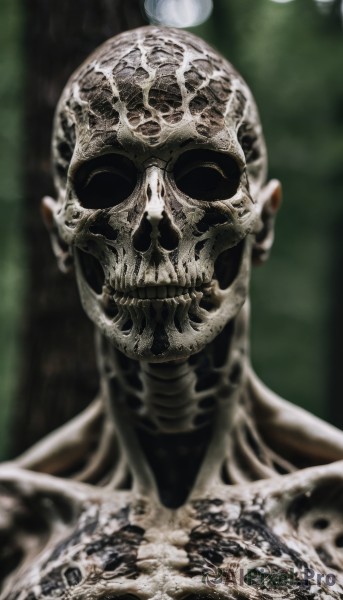 1girl,solo,looking at viewer,1boy,closed eyes,male focus,teeth,blurry,tree,mask,depth of field,blurry background,facing viewer,skull,monster,skeleton,horror (theme),long hair,holding skull