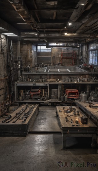 day,indoors,no humans,window,chair,table,sunlight,bottle,box,scenery,desk,stairs,lamp,stool,shelf,sink,industrial pipe,faucet,tools,weapon,gun