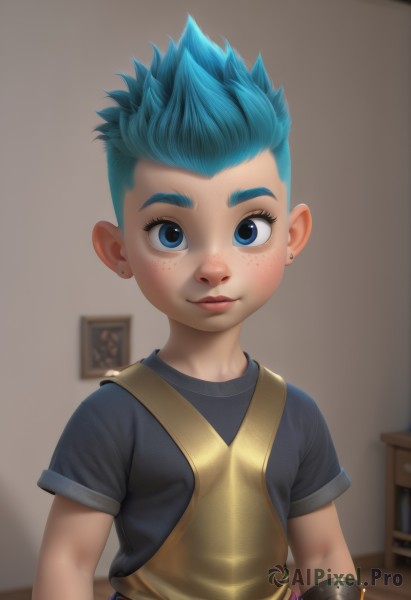 1girl,solo,looking at viewer,smile,short hair,blue eyes,shirt,1boy,jewelry,closed mouth,blue hair,upper body,short sleeves,male focus,earrings,artist name,indoors,blurry,apron,lips,black shirt,eyelashes,blurry background,spiked hair,child,freckles,realistic,stud earrings,male child,picture frame,painting (object),armor,sparkle