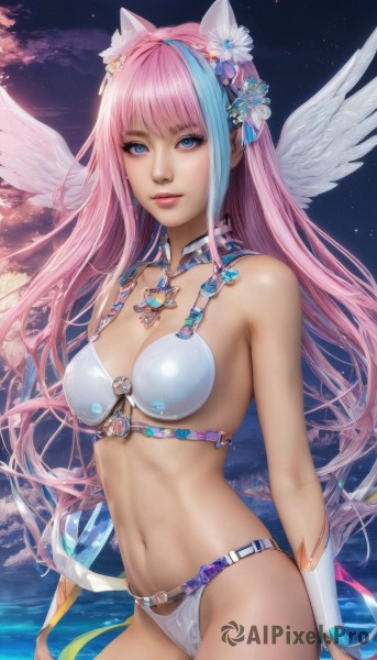 1girl,solo,long hair,breasts,looking at viewer,smile,bangs,blue eyes,hair ornament,gloves,navel,animal ears,cleavage,jewelry,medium breasts,blue hair,swimsuit,pink hair,flower,bikini,multicolored hair,cowboy shot,wings,sky,shiny,cat ears,hair flower,water,two-tone hair,lips,streaked hair,detached collar,white bikini,star (sky),feathered wings,angel wings,realistic,white wings,bare shoulders,standing,outdoors,artist name,cloud,necklace,night,watermark,night sky,starry sky