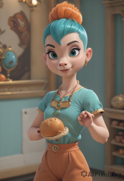 1girl,solo,breasts,looking at viewer,smile,short hair,blue eyes,shirt,holding,jewelry,closed mouth,blue hair,standing,collarbone,short sleeves,multicolored hair,cowboy shot,earrings,small breasts,food,pants,artist name,indoors,signature,necklace,nail polish,orange hair,blurry,two-tone hair,aqua eyes,lips,fingernails,eyelashes,aqua hair,makeup,fruit,depth of field,blurry background,thick eyebrows,holding food,blue shirt,child,black nails,plate,freckles,green shirt,female child,shirt tucked in,high-waist pants,aqua shirt