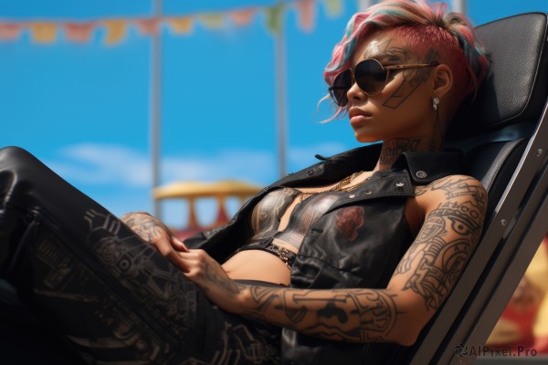 1girl,solo,breasts,short hair,jewelry,sitting,closed mouth,jacket,ponytail,pink hair,red hair,multicolored hair,earrings,small breasts,outdoors,open clothes,sky,sleeveless,day,midriff,pants,dark skin,necklace,blurry,vest,from side,two-tone hair,dark-skinned female,blue sky,lips,black jacket,tattoo,makeup,depth of field,blurry background,chair,black pants,piercing,sunglasses,crossed legs,ear piercing,short ponytail,realistic,nose,arm tattoo,leather,shoulder tattoo,undercut,facial tattoo,reclining,leather jacket,mohawk,neck tattoo,denim jacket,aviator sunglasses,bra,crop top