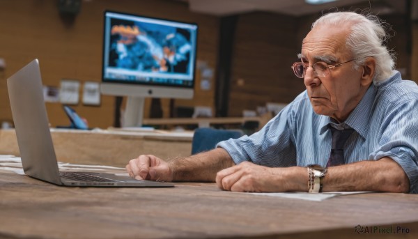 solo,shirt,1boy,sitting,closed mouth,upper body,white hair,male focus,necktie,glasses,striped,collared shirt,indoors,blurry,blurry background,facial hair,chair,table,blue shirt,black necktie,beard,sleeves rolled up,watch,striped shirt,realistic,round eyewear,wristwatch,computer,old,monitor,old man,laptop,vertical-striped shirt,photo background,keyboard (computer),arm hair,wrinkled skin,grey hair,depth of field