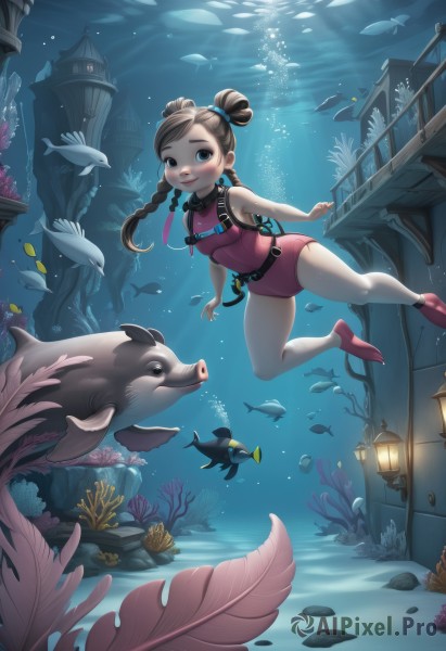 1girl,solo,long hair,breasts,blush,smile,blue eyes,brown hair,twintails,swimsuit,braid,small breasts,water,hair bun,twin braids,leotard,one-piece swimsuit,double bun,ocean,animal,breath,fish,bubble,light rays,lantern,stairs,underwater,air bubble,swimming,pink leotard,turtle,dolphin,freediving,coral,holding breath,diving,looking at viewer,jewelry,goggles,diving mask,pink one-piece swimsuit