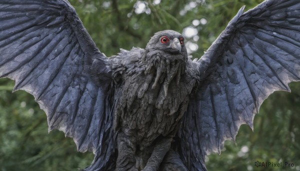 solo,red eyes,closed mouth,outdoors,wings,day,blurry,tree,pokemon (creature),no humans,depth of field,blurry background,bird,looking up,nature,forest,monster,owl,spread wings,realistic,animal focus,talons,beak