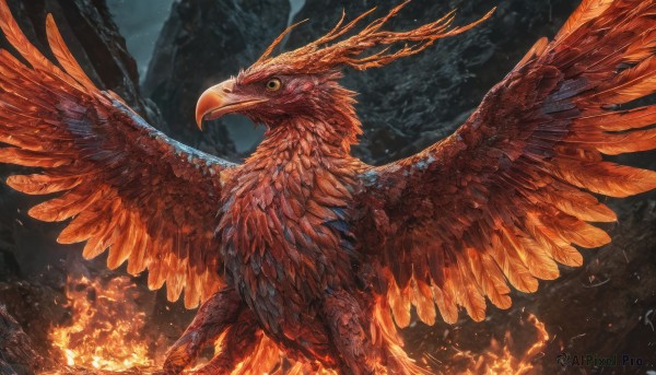 A graceful view of a monster in fiery outdoors