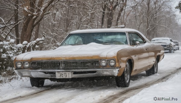 outdoors,multiple boys,tree,no humans,ground vehicle,nature,scenery,motor vehicle,snow,forest,snowing,car,winter,vehicle focus,bare tree,sports car,truck,day,realistic