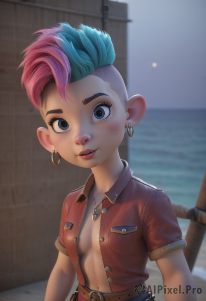 1girl,solo,breasts,looking at viewer,blush,short hair,blue eyes,shirt,navel,jewelry,blue hair,jacket,upper body,pink hair,short sleeves,multicolored hair,earrings,small breasts,outdoors,parted lips,open clothes,teeth,belt,artist name,water,necklace,blurry,two-tone hair,lips,open shirt,no bra,makeup,night,buttons,blurry background,ocean,piercing,denim,lipstick,red shirt,red jacket,buckle,freckles,hoop earrings,belt buckle,unbuttoned,brown belt,very short hair,undercut,mohawk,smile,pointy ears,open jacket,pocket,asymmetrical hair,breast pocket,nose piercing