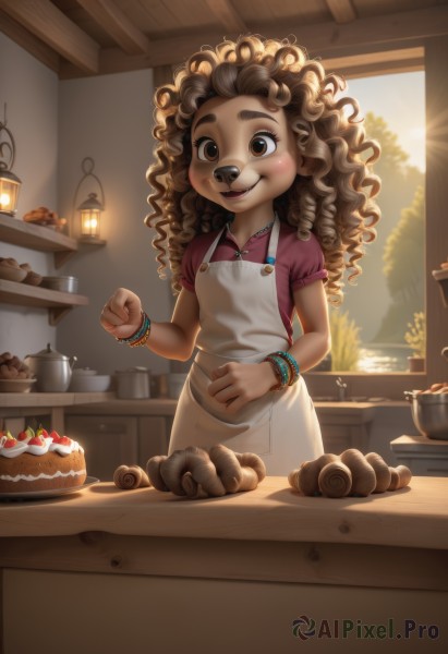 1girl,solo,long hair,looking at viewer,blush,smile,open mouth,brown hair,shirt,brown eyes,jewelry,standing,short sleeves,food,day,indoors,dark skin,necklace,apron,flat chest,bracelet,dark-skinned female,lips,window,fruit,happy,sunlight,white apron,furry,clenched hands,backlighting,cake,curly hair,pink shirt,chocolate,strawberry,furry female,purple shirt,lamp,bread,big hair,kitchen,jar,brown fur,pastry,strawberry shortcake,cabinet,mixing bowl,icing,hair ornament,cup,messy hair,clenched hand,plate,cookie