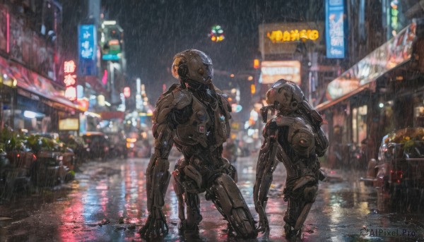 outdoors, multiple boys, 2boys, night, helmet, robot, ground vehicle, motor vehicle, science fiction, rain, city, sign, car, road, cyborg, street, power armor, cyberpunk, humanoid robot, neon lights