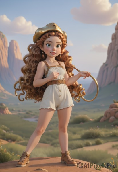 1girl,solo,long hair,looking at viewer,smile,brown hair,hat,dress,holding,bare shoulders,jewelry,very long hair,green eyes,standing,collarbone,full body,earrings,boots,outdoors,parted lips,sky,shoes,shorts,sleeveless,day,belt,cloud,white dress,blurry,flat chest,blue sky,lips,bare arms,bare legs,sleeveless dress,blurry background,wavy hair,brown footwear,short dress,cloudy sky,grass,child,freckles,curly hair,mountain,red lips,brown belt,breasts,blush,flower,small breasts,short shorts,thick eyebrows,helmet,white shorts,realistic,nose