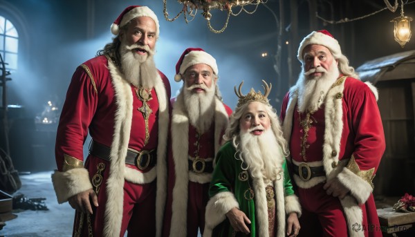 HQ,long hair,looking at viewer,smile,open mouth,long sleeves,hat,standing,white hair,male focus,multiple boys,belt,indoors,fur trim,window,facial hair,3boys,christmas,beard,santa hat,santa costume,4boys,realistic,mustache,candle,antlers,bald,old,christmas tree,red pants,old man,fireplace,reindeer,black hair,brown eyes,jewelry,necklace,chain,crown,lamp,manly