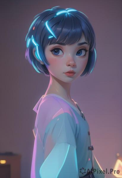 1girl,solo,looking at viewer,short hair,bangs,blue eyes,shirt,black hair,hair ornament,closed mouth,blue hair,upper body,belt,artist name,blurry,from side,lips,looking to the side,eyelashes,depth of field,blurry background,glowing,bob cut,backlighting,freckles,nose,blush,hairclip,blue shirt