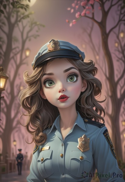 1girl,long hair,breasts,looking at viewer,brown hair,shirt,long sleeves,1boy,hat,medium breasts,green eyes,upper body,outdoors,parted lips,solo focus,collared shirt,artist name,blurry,uniform,tree,lips,eyelashes,makeup,night,buttons,depth of field,blurry background,wavy hair,moon,blue shirt,lipstick,blue headwear,curly hair,pocket,red lips,lamp,breast pocket,badge,police,lamppost,police uniform,policewoman,police hat,solo,thick eyebrows,full moon,bare tree