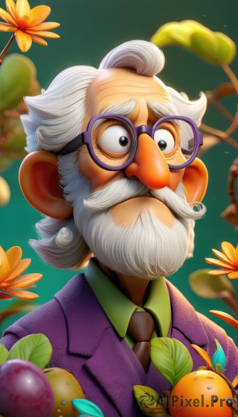 solo,looking at viewer,shirt,1boy,jacket,upper body,flower,white hair,male focus,food,necktie,glasses,collared shirt,blurry,black eyes,fruit,blurry background,facial hair,leaf,formal,black necktie,beard,green background,black-framed eyewear,yellow flower,round eyewear,mustache,purple shirt,purple jacket,old,old man,purple necktie,closed mouth,artist name,watermark,thick eyebrows,suit,wing collar,portrait,green shirt,orange (fruit),orange flower