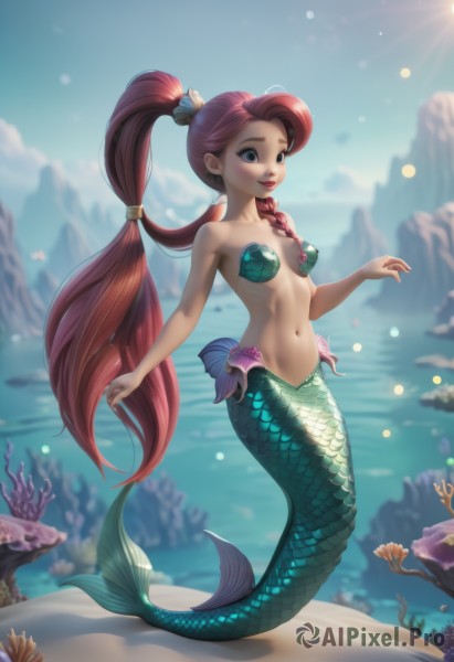 1girl,solo,long hair,breasts,smile,blue eyes,hair ornament,navel,bare shoulders,very long hair,collarbone,full body,ponytail,braid,red hair,small breasts,outdoors,parted lips,sky,day,artist name,water,stomach,blurry,blue sky,lips,bare arms,single braid,depth of field,blurry background,ocean,sunlight,monster girl,fish,rock,underwater,hair tie,sun,red lips,scales,mermaid,shell,starfish,seashell,coral,shell bikini,blush,open mouth,teeth,beach