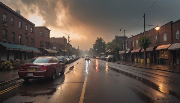 outdoors,sky,cloud,water,tree,no humans,window,cloudy sky,ground vehicle,building,scenery,motor vehicle,reflection,sunset,city,fence,car,road,bush,house,vehicle focus,power lines,lamppost,street,utility pole,evening,puddle,crosswalk