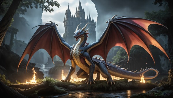 HQ,solo,open mouth,red eyes,tail,outdoors,wings,horns,sky,teeth,cloud,tree,no humans,glowing,cloudy sky,fire,sharp teeth,nature,scenery,claws,forest,dragon horns,monster,mountain,fantasy,dragon,dragon tail,scales,ruins,castle,tower,dragon wings,breathing fire,water,night,spikes,river,flame