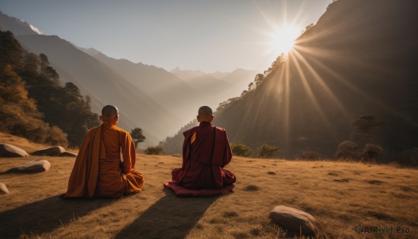 short hair,sitting,male focus,outdoors,multiple boys,sky,day,2boys,from behind,cape,tree,sunlight,grass,nature,scenery,sunset,rock,mountain,sun,facing away,on ground,forest,bush,bald,landscape,hill,desert