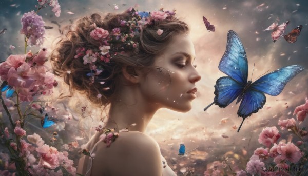 1girl, solo, short hair, brown hair, hair ornament, bare shoulders, closed eyes, upper body, flower, cloud, hair flower, from side, lips, petals, eyelashes, profile, sunlight, bug, butterfly, pink flower, realistic, nose, blue butterfly