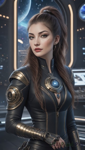 1girl,solo,long hair,breasts,looking at viewer,brown hair,gloves,cleavage,brown eyes,jewelry,medium breasts,upper body,ponytail,earrings,parted lips,artist name,fingerless gloves,lips,bodysuit,makeup,ring,high ponytail,lipstick,science fiction,realistic,black bodysuit,red lips,space,planet,hair pulled back,earth (planet),necklace,mole,eyeshadow,freckles,nose