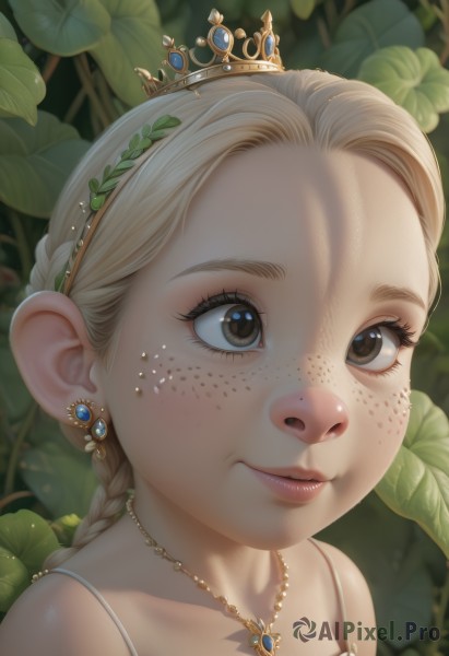 1girl,solo,long hair,smile,blonde hair,bare shoulders,brown eyes,jewelry,closed mouth,braid,earrings,artist name,necklace,blurry,lips,eyelashes,leaf,crown,plant,gem,child,portrait,forehead,pendant,freckles,female child,dress,realistic