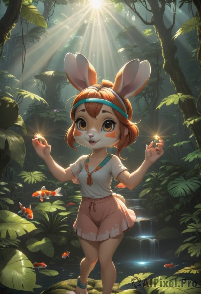 1girl,solo,looking at viewer,blush,smile,short hair,open mouth,skirt,brown hair,shirt,animal ears,brown eyes,jewelry,standing,collarbone,tail,full body,white shirt,ponytail,short sleeves,hairband,outdoors,shorts,barefoot,teeth,day,artist name,water,orange hair,rabbit ears,arms up,tree,see-through,hands up,toes,:3,headband,watermark,happy,sunlight,ring,plant,rabbit tail,nature,furry,forest,pink skirt,backlighting,fish,light rays,anklet,rabbit girl,furry female,sunbeam,pink shorts,buck teeth,holding,off shoulder,feet,legs,leaf,upper teeth only,blush stickers,rabbit,rock,glint,off-shoulder shirt,dappled sunlight,stream